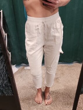 Women's White Linen Cropped Cargo Pants